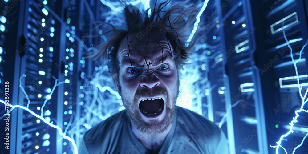 A man screams in a data center, surrounded by lightning and electricity. A man screams in a data center, surrounded by lightning and electricity.
