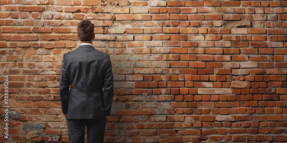 Viewed from behind, a man in a suit stands against a brick wall, looking at an empty space.