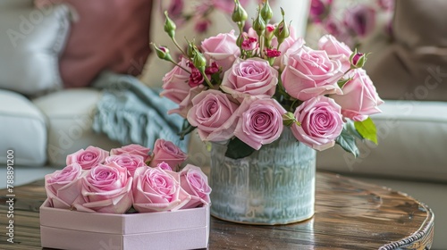 On the coffee table sits a lovely arrangement of Pink O Hara roses in a round vase alongside a heart shaped box containing a special gift and a book a perfect Valentine s Day treat photo