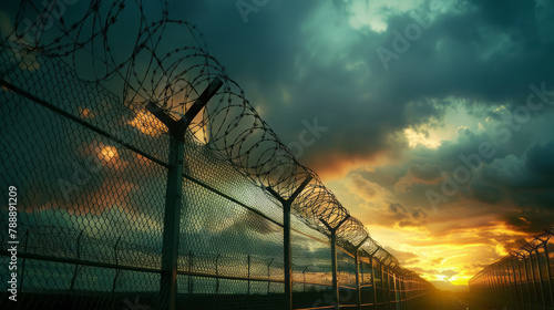 An imposing fence with barbed wire stands against the backdrop of dark storm clouds at sunset, symbolizing control and security.