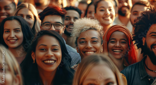 A large group of diverse people are smiling and looking at the camera, with some individuals showing their faces clearly while others have only half or one side visible. photo