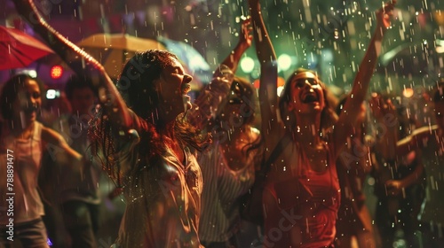 A happy scene with people dancing in the rain