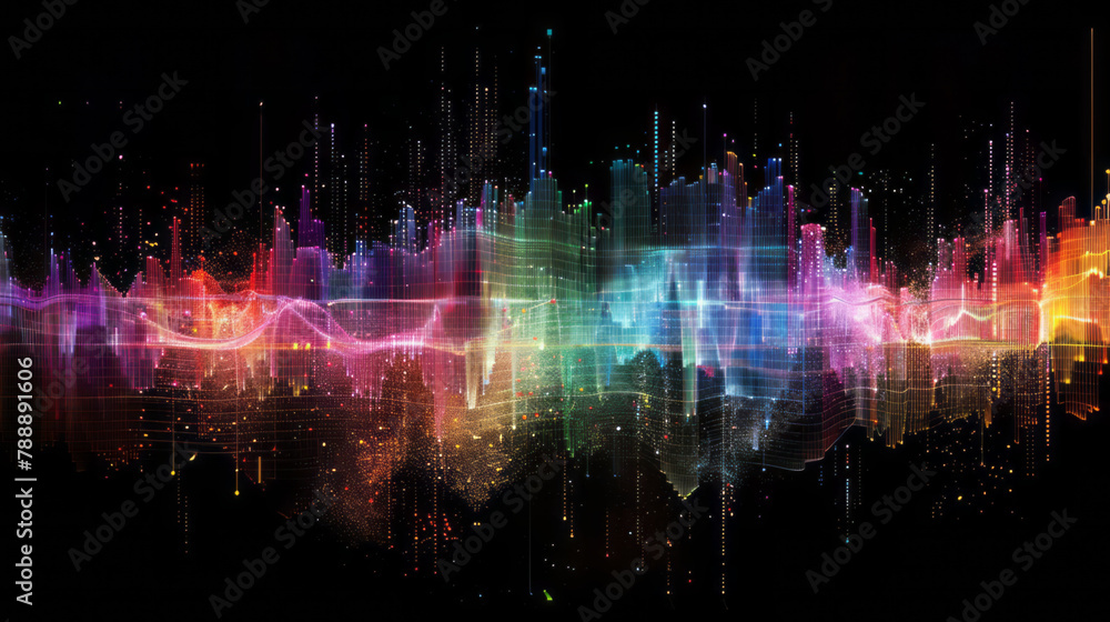 A colorful sound wave diagram, set against a black background, forms the shape of an audio bar graph with boxes and lines.