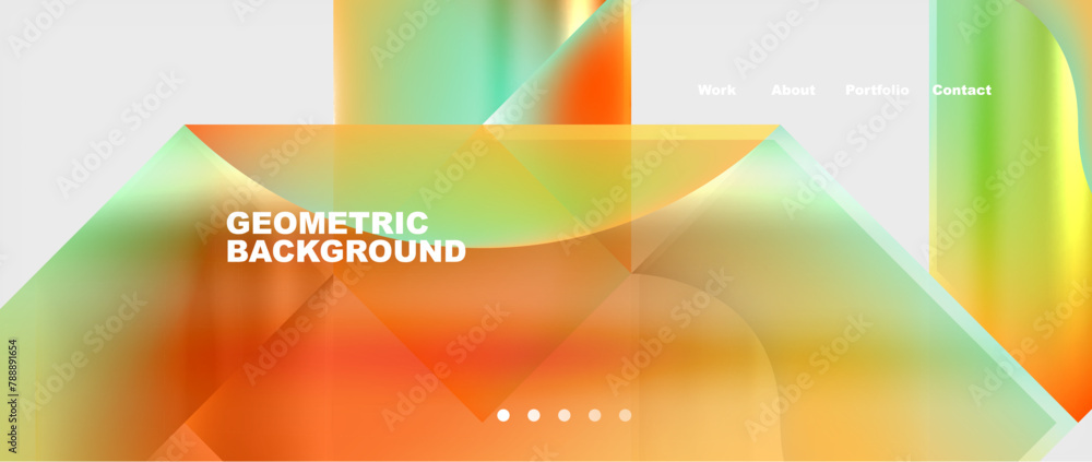 A colorful geometric background featuring a spectrum of colors like amber, orange, and shades. The design includes rectangles, circles, and a liquid pattern