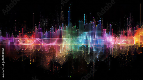 A colorful sound wave diagram, set against a black background, forms the shape of an audio bar graph with boxes and lines.