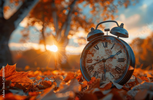 A clock, set to autumn at sunset and surrounded by fallen leaves and a serene landscape, symbolizes the change in seasons.