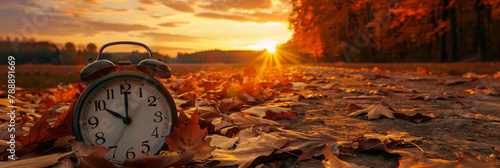 A clock, set at three o'clock and surrounded by leaves, lies on the ground against an autumn sunset background, with a path leading to the horizon. photo