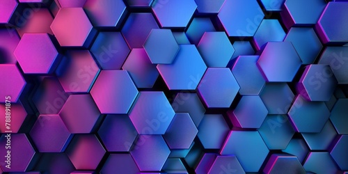 An abstract background presents blue and purple hexagons  forming a colorful geometric honeycomb texture.