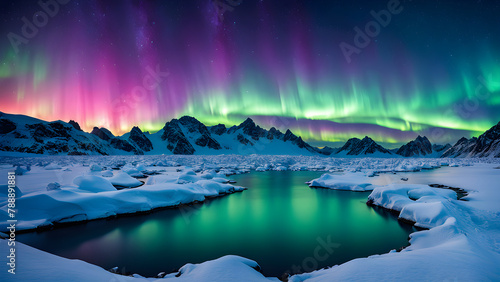 Aurora on Arctic glaciers, glaciers on the sea surface, scientific phenomena photo