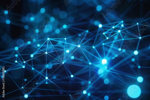 A blue glowing network of connections and connected nodes on an abstract dark blue background. photo