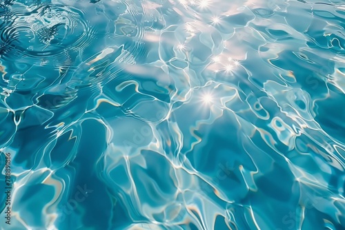 An abstract background of light blue water with ripples and waves depicts a water texture, with sun reflections on the surface of a clean, clear pool