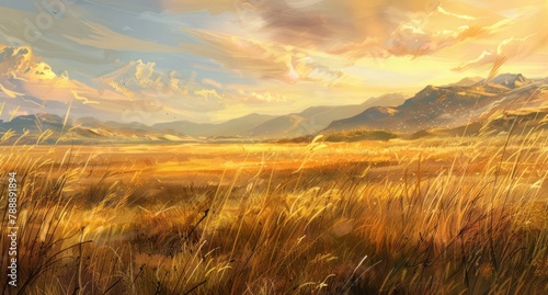 Under the light of sunset, a vast, open prairie with tall grasses swaying in the wind and distant mountains visible on the horizon.