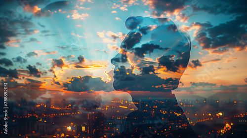 Profile of a man with a double exposure of city lights, representing business success against an evening sky. Business man and skyline of city. Double Exposure of Cityscape and Man Using Mobile Phone.