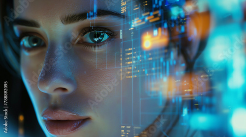 A woman with a face made of computer graphics. The image is a representation of the future, and the woman's face is a symbol of the technological advancements that will shape our world