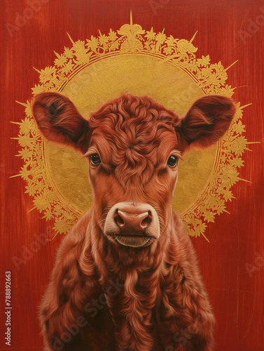 Portrait of Young Cow with Golden Renaissance-Style Halo on Red Painted Background