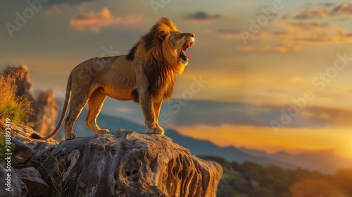 Majestic Lion Roaring on Rocky Cliff at Sunset