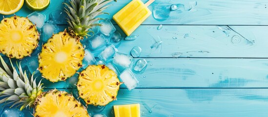Pineapple slices, popsicle sticks, and ice displayed on a blue wooden table with empty space, creating a summer fruit party theme.