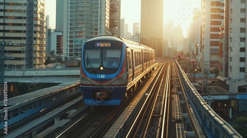 BTS Sky train, Electric train, running on the way with business office buildings AI generated