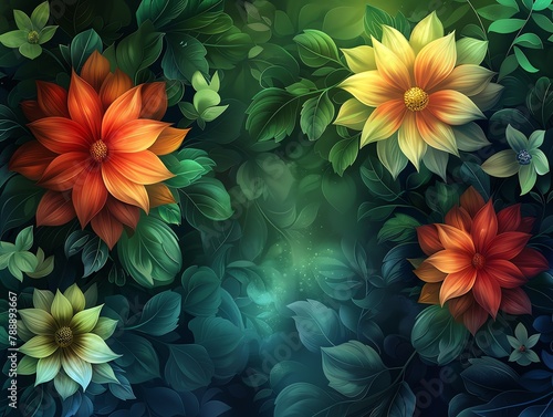 Colorful dahlias in rich, striking hues, rendered in clipart for luxurious and impactful garden themes photo