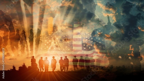 A powerful double exposure image of soldiers in silhouette overlaid with the American flag flying at half-mast  with rays of sunlight breaking through the clouds