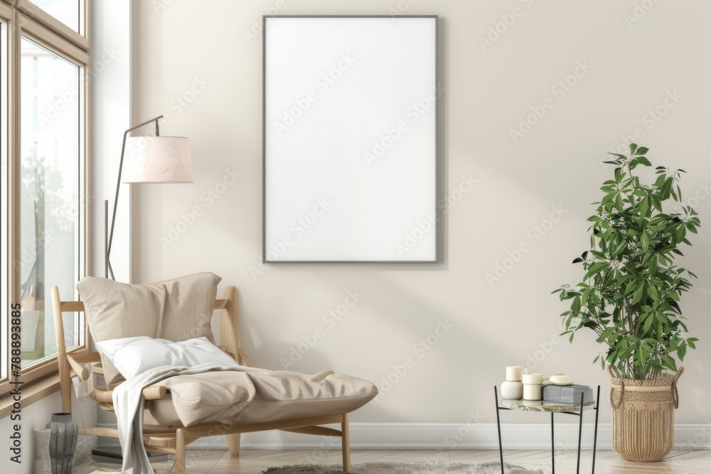 Scandinavian style living room with poster mockup created with generative ai Scandinavian style living room with poster mockup created with generative ai