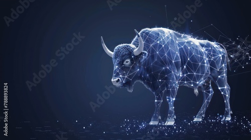 Buffalo made from points and lines on dark blue background, bull wire frame mesh polygonal AI generated
