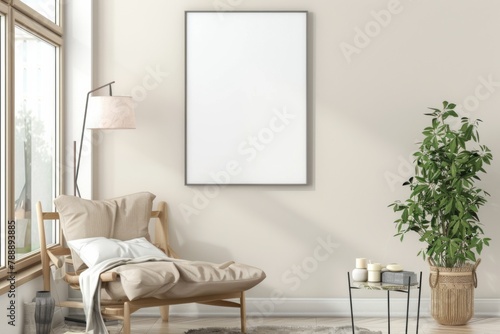 Scandinavian style living room with poster mockup created with generative ai © dendyh7