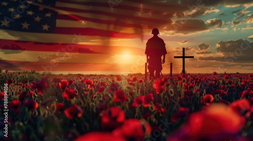 A solemn image of a soldier's silhouette merged with the silhouette of a battlefield cross against the backdrop of the American flag, with a field of poppies blooming at the base of the memorial photo