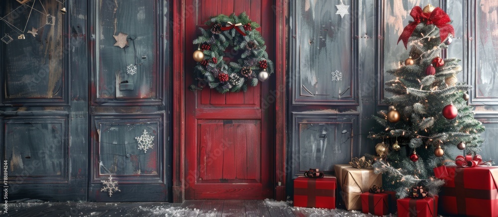 Festive front door adorned with a wreath and surrounded by gift boxes wrapped in colorful paper