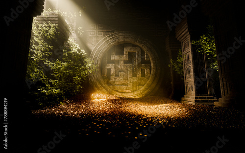 Treasury hall. treasure trove of gold coins And chests and treasure boxes pile up. Treasuries, kingdoms and castles. The concept of finding lost ancient treasures. 3d rendering image. © Superrider