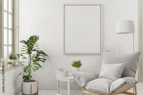 Scandinavian style living room with poster mockup created with generative ai