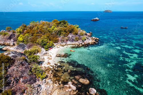 Aerial view of island and clear water