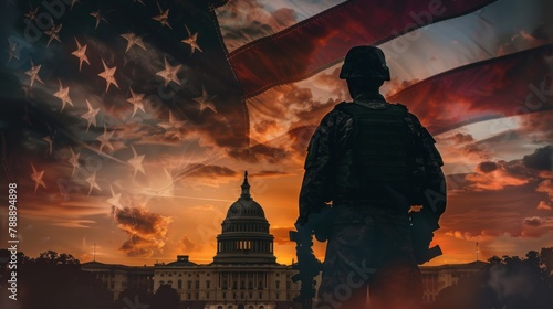 A patriotic image of a soldier's silhouette merged with the silhouette of the Capitol Building against the backdrop of the American flag photo