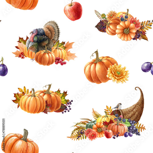 Thanksgiving decor elements seamless pattern. Watercolor illustration. Autumn floral festive decor from cornucopia, pumpkin, fallen leaves, fruit, turkey. Thanksgiving vintage style seamless pattern