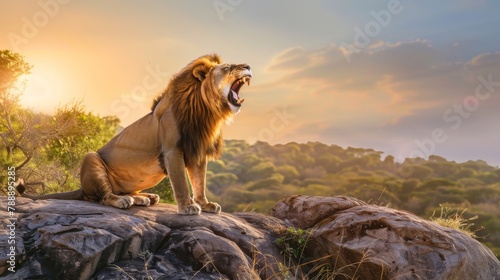 Majestic Lion Roaring Proudly at Sunset
