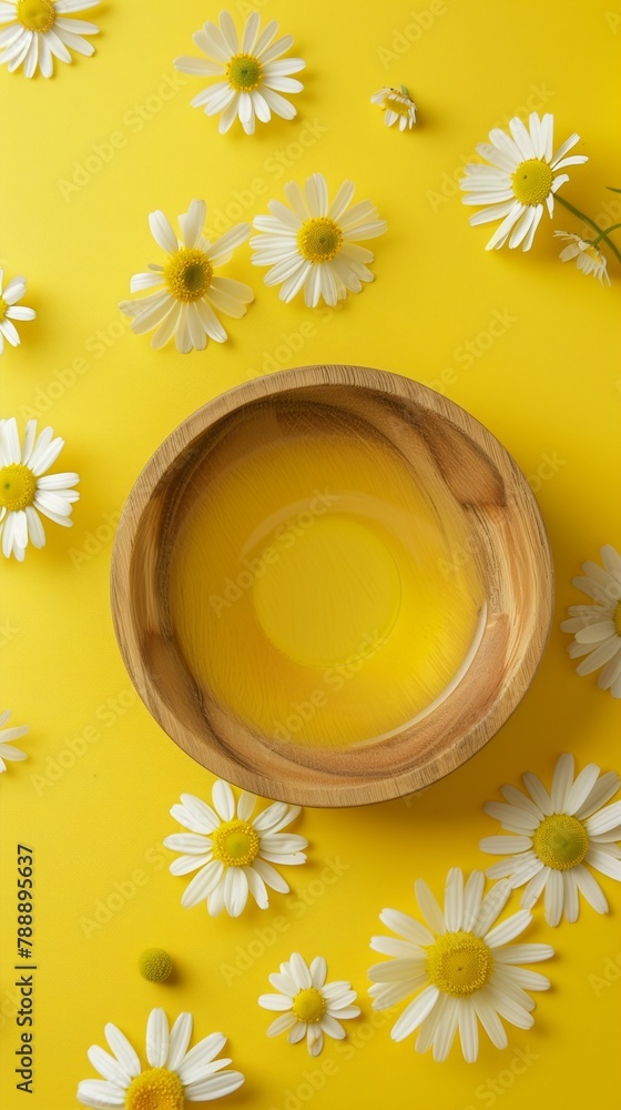Chamomile oil extract flower on wooden bowl for natural skincare ingedient story background Chamomile oil extract flower on wooden bowl for natural skincare ingedient story background