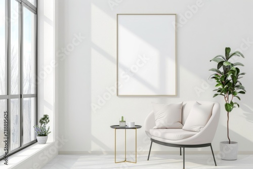 Scandinavian style living room with poster mockup created with generative ai