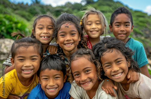 A group of multiethnic children smile and play together outdoors on a sunny day © Kien