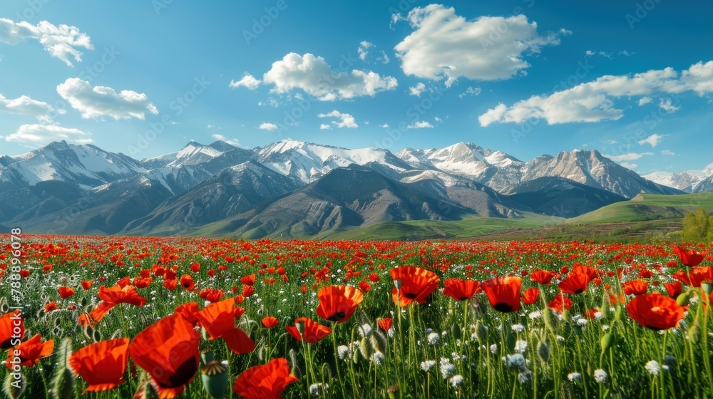 An enchanting image of a poppy field in bloom during the springtime, with snow-capped mountains in the background adding a majestic backdrop to the scene. 