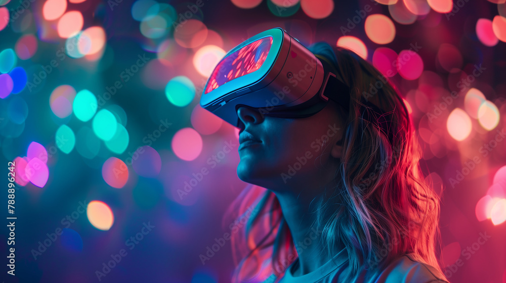A woman wearing a virtual reality headset is looking at a colorful background. Concept of excitement and adventure, as the woman is immersed in a virtual world A woman wearing a virtual reality headset is looking at a colorful background. Concept of excitement and adventure, as the woman is immersed in a virtual world