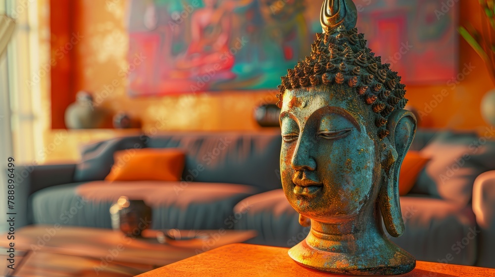 Enhance your living room with a modern abstract Buddha head statue perfect for home decoration and adding a touch of serenity, Generated by AI