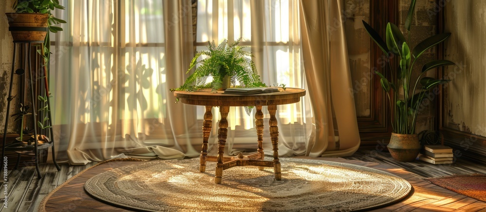 Fototapeta premium In a room with a circular rug, there is a wooden table adorned with a living plant and a book.