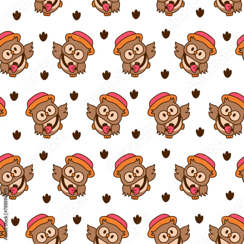 Cartoon happy owl characters. Seamless pattern. Cute kawaii forest birds. Hand drawn style. Vector drawing. Design ornaments.