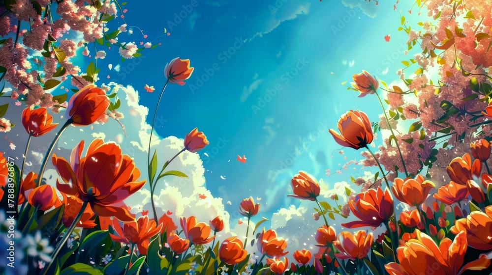 spring illustrations full of happiness and joy with beautiful flowers, trees and natural scenery, playing kites, close ups of birds and parrot, rabbits, butterflies and other creature spring illustrations full of happiness and joy with beautiful flowers, trees and natural scenery, playing kites, close ups of birds and parrot, rabbits, butterflies and other creature