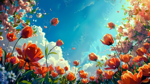 spring illustrations full of happiness and joy with beautiful flowers, trees and natural scenery, playing kites, close ups of birds and parrot, rabbits, butterflies and other creature © wildan