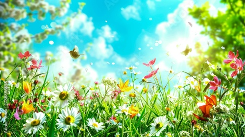 spring illustrations full of happiness and joy with beautiful flowers  trees and natural scenery  playing kites  close ups of birds and parrot  rabbits  butterflies and other creature