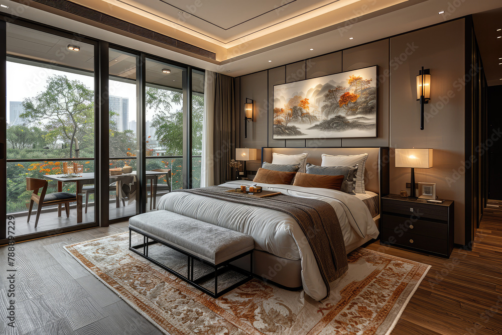 New Chinese style bedroom, double bed with large carpet and dining table in front of the window, dark gray walls decorated with brown wall panels on top, floortoceiling windows. Created with Ai