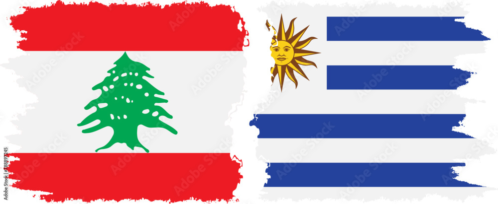 Naklejka premium Uruguay and Lebanon grunge flags connection vector