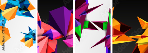 Creative arts come alive with a collage of vibrant geometric shapes in shades of purple, magenta, and violet on a black and white background, forming a dynamic pattern