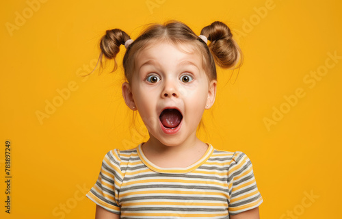 Close-up portrait of an excited, happy schoolgirl looking to the side with her mouth open